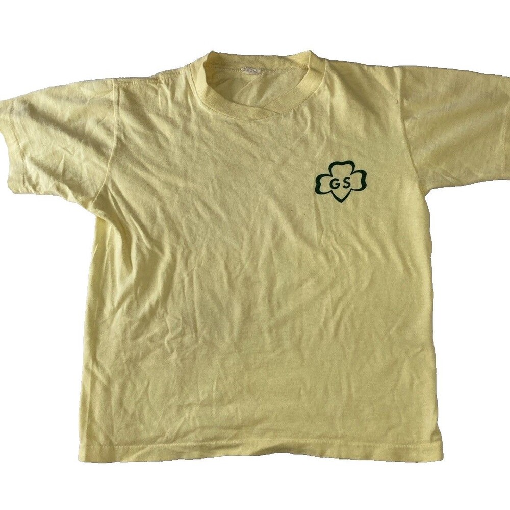 Vintage Girl Scouts T Shirt Kids Large Yellow Green Logo Youth Tee USA VTG